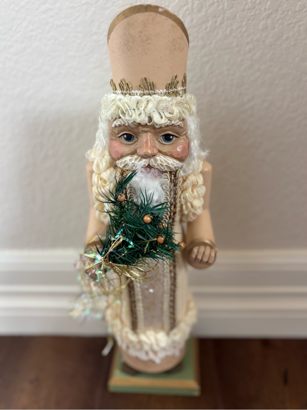 Vintage Wooden Santa Claus Nutcracker Figurine White Gold Elegant Holiday Decor